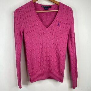 Ralph Lauren Cable Knit Sweater M Pink VNeck Pony Classic Old Money Tennis